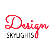 A red and black logo for design skylights