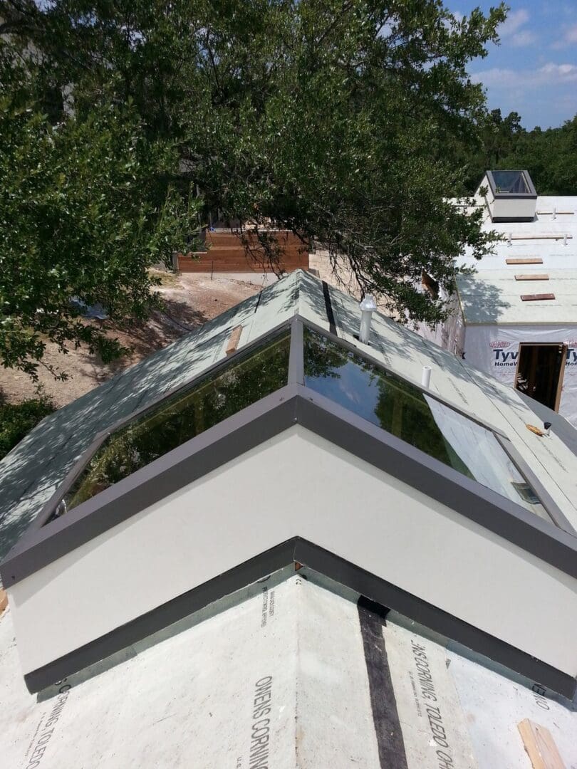 A view of the roof and windows from above.