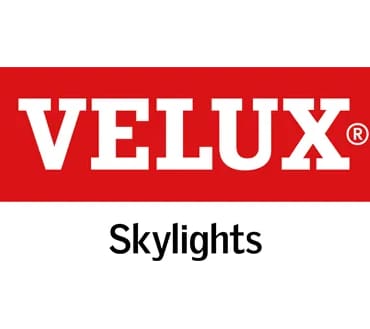 A red and white logo for velux skylights.